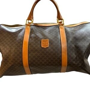 Celine Macadam Vintage Coated Canvas Duffle Travel Bag Brown Tan Authentic